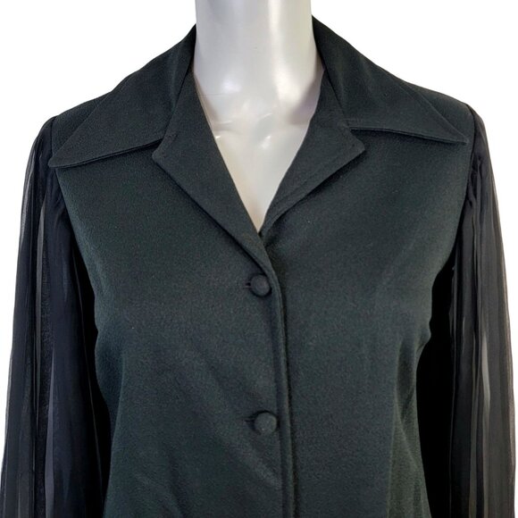 Vintage 70s Button Blouse Women 12 Black Sheer Long Sleeve Shirt Top Formal Fall - Picture 1 of 13